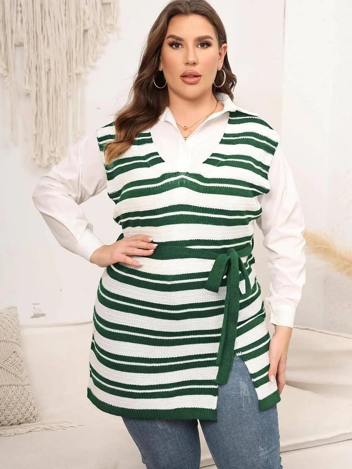 Plus-Sized Striped Sweater Vest - Love Salve